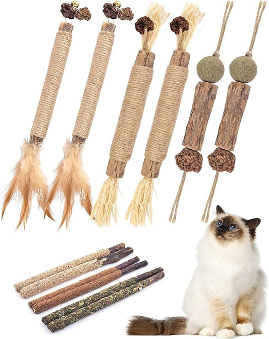 TINDTOP Catnip Chew Toys for Cats, 12 Pack Natural Silvervine Sticks for Kittens Teeth Cleaning, Matatabi Dental Care, Increase Appetite, Calm Cat Anxiety and Stress, Aggressive Chewers Cat Dental Toy - PAWPICO