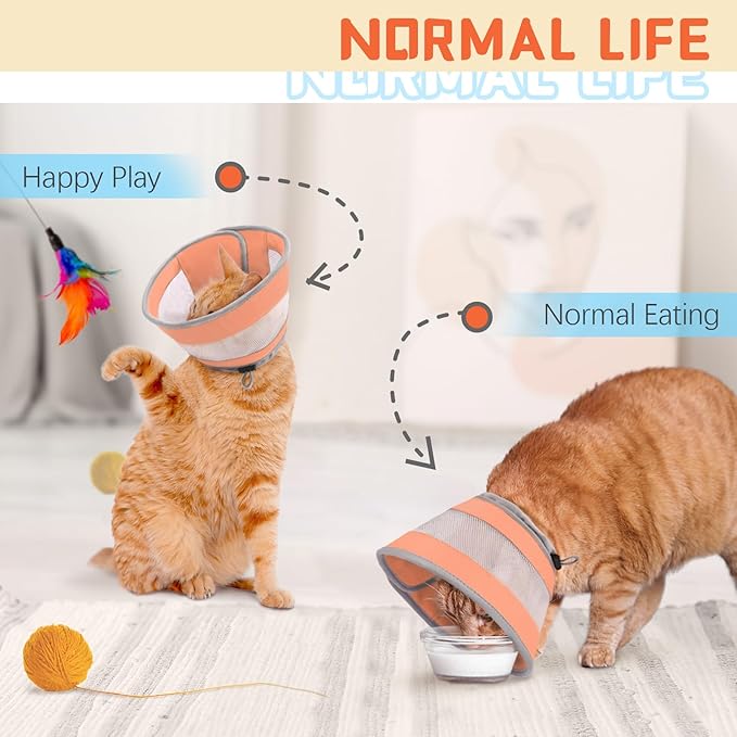 Cat Cone, Breathable Cat Cone Collar Soft, Adjustable Cat Cone to Stop Licking, Water Resistant Neck Cone for Cats with Air Mesh, Protective Cat Recovery E Collar for Cat Kitten（Orange, M-3 GoGoPaw