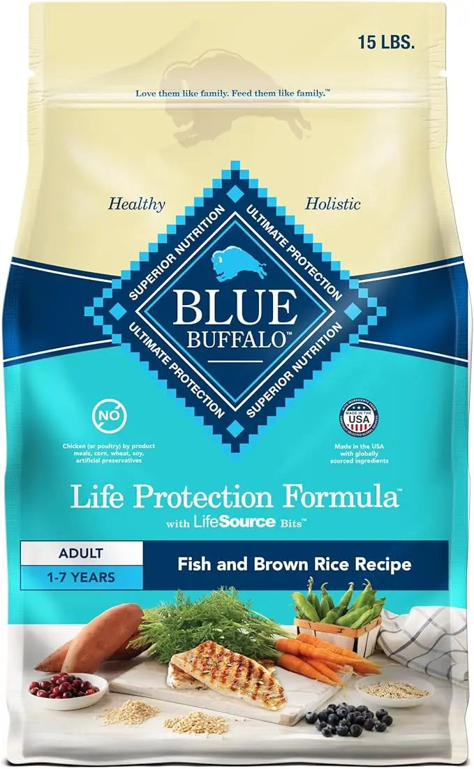 Blue Buffalo Life Protection Formula Adult Dry Dog Food, Helps Build and Maintain Strong Muscles, Made with Natural Ingredients, Fish & Brown Rice Recipe, 15-lb Bag - PAWPICO