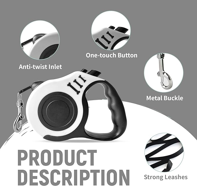 Retractable Dog Leash Automatic Telescopic Tractor Dog Tape, Pet Tape 10/16 FT Durable and Convenient, with Non-Slip Handle, Suitable for Small and Medium-Sized Dogs White LIEVUIKEN