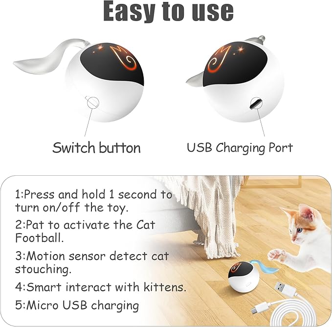 Migipaws Interactive Cat Ball Toy Set, Fun Tracker, Automatic Rolling Chase Ball with Fluffy Tail, A Small Mice, Rechargeable（White） - PAWPICO