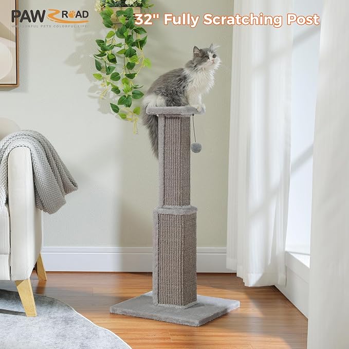 PAWZ Road 32 Inches Cat Ultimate Scratching Post, Durable Sisal Tower with a Cute Ball for Large Indoor Cats-Grey - PAWPICO