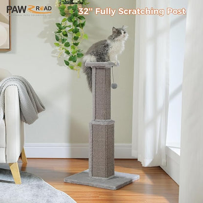 PAWZ Road 32 Inches Cat Ultimate Scratching Post, Durable Sisal Tower with a Cute Ball for Large Indoor Cats-Grey - PAWPICO