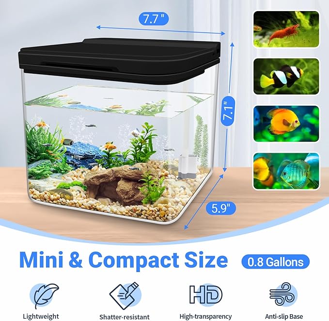 0.8 Gallon Small Fish Tank Kit, Aquarium Starter Kit with Super-Quiet Water Pump, Rain Filtration, Self Cleaning Filtration, LED Light, Easy Changing Water (Black) Moonorange
