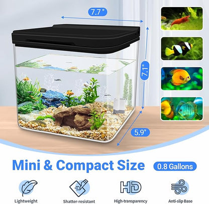 0.8 Gallon Small Fish Tank Kit, Aquarium Starter Kit with Super-Quiet Water Pump, Rain Filtration, Self Cleaning Filtration, LED Light, Easy Changing Water (Black) Moonorange