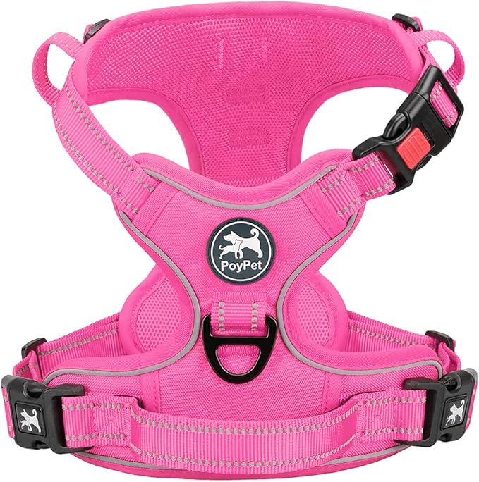 PoyPet No Pull Dog Harness, No Choke Reflective Dog Vest, Adjustable Pet Harnesses with Easy Control Padded Handle for Small Medium Large Dogs(Pink Matching Trim,M) PoyPet