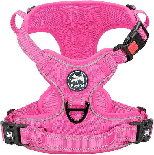 PoyPet No Pull Dog Harness, No Choke Reflective Dog Vest, Adjustable Pet Harnesses with Easy Control Padded Handle for Small Medium Large Dogs(Pink Matching Trim,XL) PoyPet