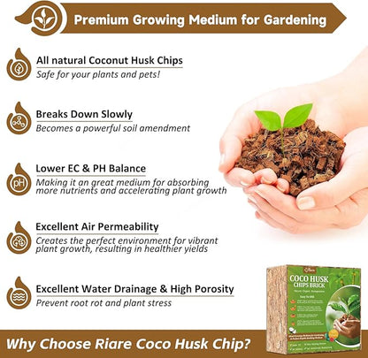Riare 10LBS Coco Chips Substrate for Plants- 100% Organic Coconut Husk Chips with Low EC and pH Balanced, High Expansion Coconut Substrate Coco Husk Mulch for Garden Flowers, Herbs, Planting Riare