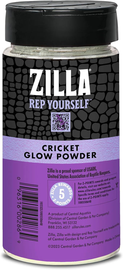 Zilla Cricket Glow Powder — add to Reptile Food for a Fun Twist, More exciting Than Plain Calcium Powder! Fluoresces Under Black Light, Ideal for Insectivores, 4 Ounces Zilla