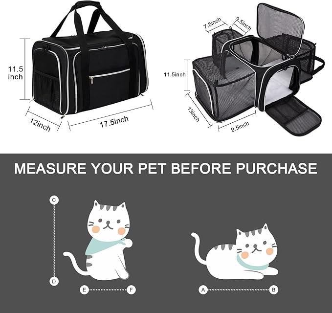 BAGLHER Cat Carrier Bag,Airline Approved Pet Carrier Soft Side Pet Travel 5 Sides Open Doors 3 Sides Expandable Foldable Dog Carrier with Fleece Pad - PAWPICO
