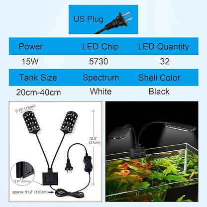 WEAVERBIRD Double Head Aquarium Fish Tank Light 15W 32 LED Aquarium Planted Clip Lamp 1600LM White LED Lighting for 8-15 Inch Fish Tank WEAVERBIRD