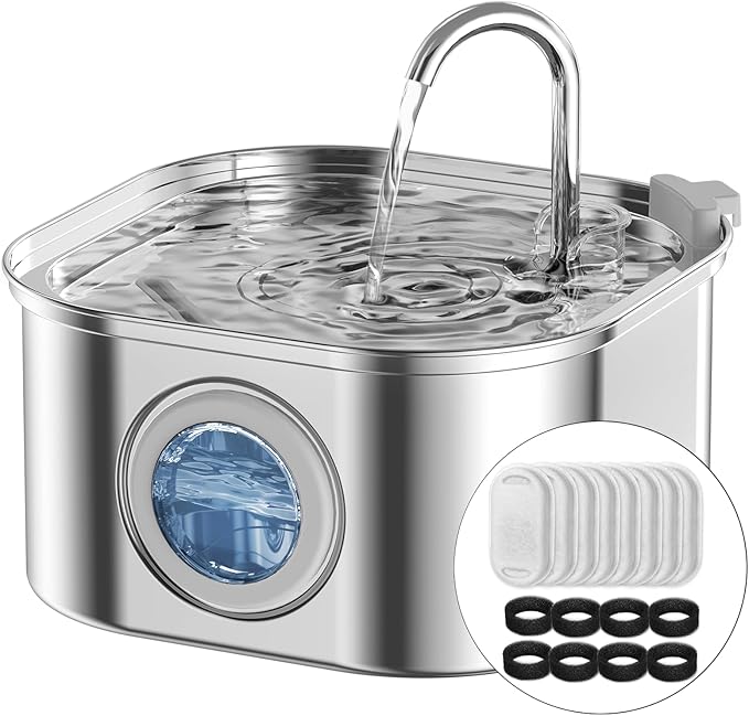 Cat Water Fountain Stainless Steel: 108oz/3.2L Automatic Pet Water Fountain - Dog Water Dispenser with Water Level Window - for Cats Inside with 8 Replacement Filters and 8 Sponge… - PAWPICO