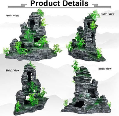 Aquarium Decorations Large and Tall Fish Tank Decor Aquarium Rock Mountain View Aquarium Ornament Tree House Cave Fish Tank Decorations for Large Fish Tank - 10.2 Inches High GOLOMOZ