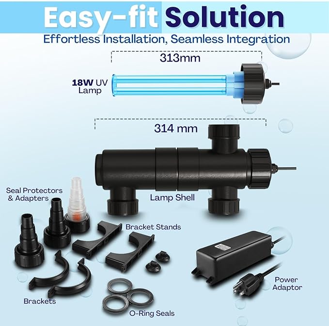 Flexzion UV Light for Pond - 18W Medium Pond UV Light, 5283 Gal Capacity, 2500L/H UV Pond Clarifier for Outdoor Ponds, Clears Water in Days (CUV-118) Flexzion