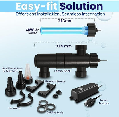 Flexzion UV Light for Pond - 18W Medium Pond UV Light, 5283 Gal Capacity, 2500L/H UV Pond Clarifier for Outdoor Ponds, Clears Water in Days (CUV-118) Flexzion