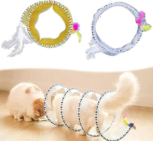 Folded Cat Tunnel Toy for Indoor Cats, 2 PCS Collapsible Pet Spring Cat Toys with Feather Mouse Upgrade Interactive Toy Playing Tent for Puppy Kitten Accessories Home - PAWPICO