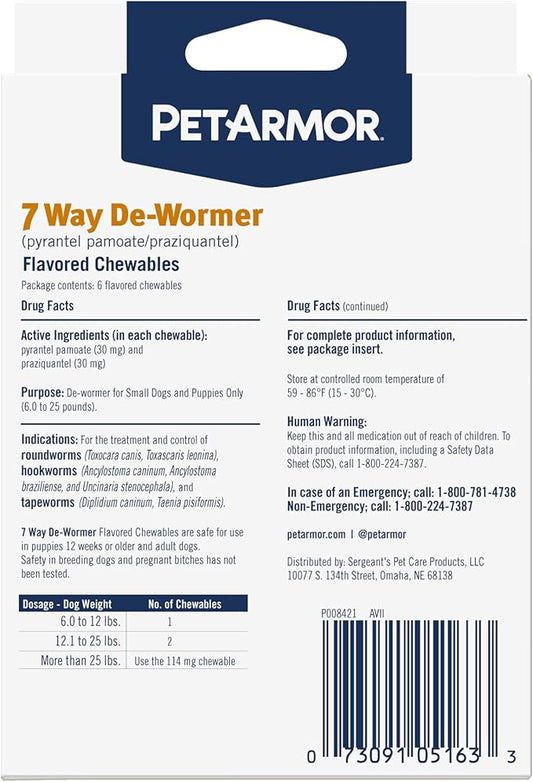 PetArmor 7 Way De-Wormer for Dogs, Oral Treatment for Tapeworm, Roundworm & Hookworm in Small Dogs & Puppies (6-25 lbs), Worm Remover (Praziquantel & Pyrantel Pamoate), 2 Flavored Chewables PetArmor