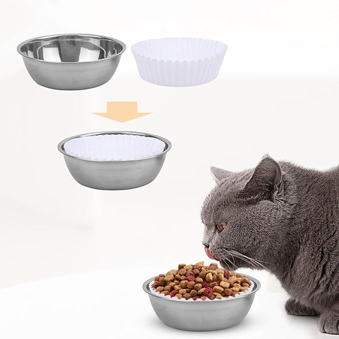 Disposable Pet Food Bowls Pad Paper, Thickening Disposable Pet Bowls, Disposable Pet Food Bowls Small Lining, Suitable for Dry and Wet Food, Kittens, Puppies (600,Not Included Stainless Steel Bowls) - PAWPICO