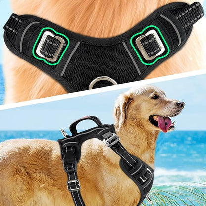 BARKBAY No Pull Dog Harness 3 Buckles Large Reflective Dog Harness with Front Clip and Easy Control Handle for Walking Training Running with ID tag Pocket(Black,L) BARKBAY