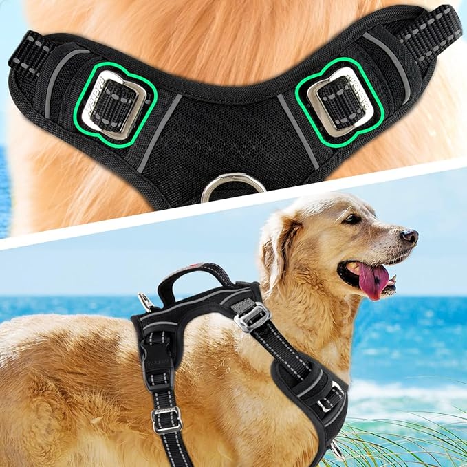BARKBAY No Pull Dog Harness 3 Buckles Large Reflective Dog Harness with Front Clip and Easy Control Handle for Walking Training Running with ID tag Pocket(Black,S) BARKBAY