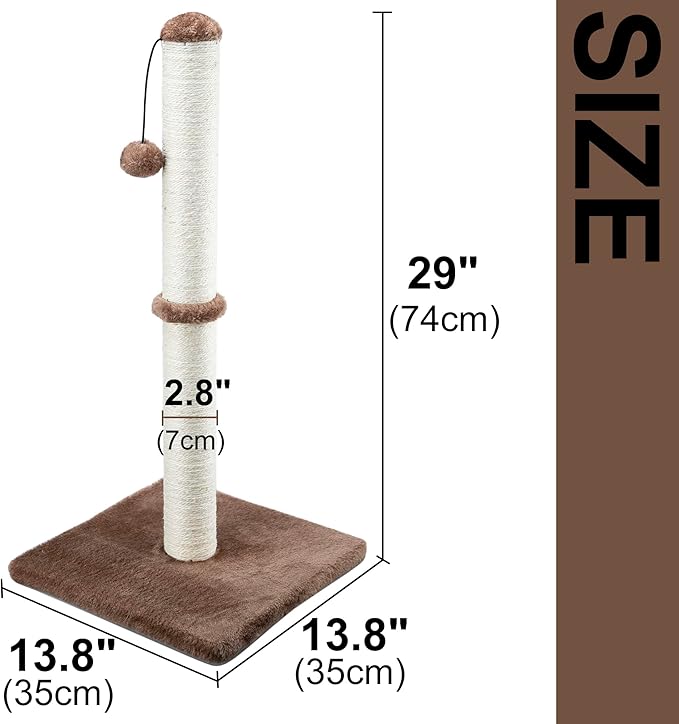 Dimaka 29" Height Tall Cat Scratching Post, Claw Scratcher with Sisal Rope and Covered with Soft Smooth Plush, Vertical Scratch [Full Strectch] for Standard Size Cats (Dark Brown, 29 inches) - PAWPICO
