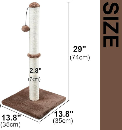 Dimaka 29" Height Tall Cat Scratching Post, Claw Scratcher with Sisal Rope and Covered with Soft Smooth Plush, Vertical Scratch [Full Strectch] for Standard Size Cats (Dark Brown, 29 inches) - PAWPICO