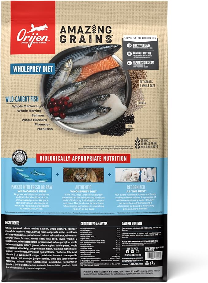 ORIJEN Amazing Grains Six Fish Recipe Dry Dog Food, High Protein Dog Food, Fresh or Raw Ingredients, 22.5lb - PAWPICO