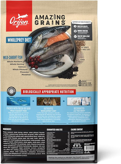 ORIJEN Amazing Grains Six Fish Recipe Dry Dog Food, High Protein Dog Food, Fresh or Raw Ingredients, 22.5lb - PAWPICO