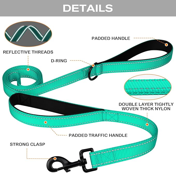 Joytale Dog Leash Heavy Duty for Large Dogs That Pull, Double Handle for Traffic Control, Double-Sided Reflective Leashes for Large Medium Dogs Night Safety, 4FT, Teal Joytale