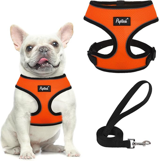 PUPTECK Soft Mesh Dog Harness and Leash Set Pet Puppy Cat Comfort Padded Vest No Pull Harnesses, Solid Orange, M PUPTECK