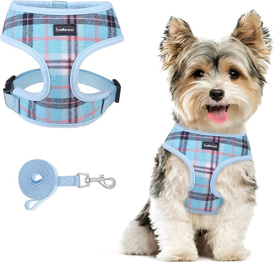 SCENEREAL Puppy Dog Harness with Leash Set for Small Medium Sized Dogs, Soft Mesh Step in Pet Harnesses and Leash, No Chock Plaid Adjustible No Pull Vest for Dogs Cats, Chihuahua,Bulldog (Blue XS) SCENEREAL