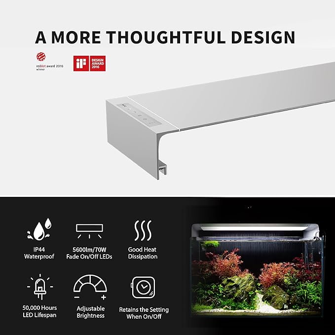 ONF Flat One+ 24-inch 24/7 Automated LED Aquarium Light, 3000-6500K Yellow White LED, Mobile APP Remote Controlled, Dimmable Full Spectrum Sunrise/Sunset for Plant Growth, Hood Style for Fish Tank ONF