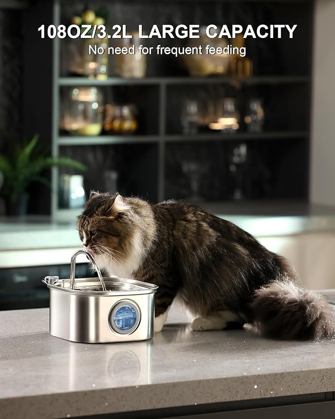 Cat Water Fountain Stainless Steel: 108oz/3.2L Automatic Pet Water Fountain - Dog Water Dispenser with Water Level Window - for Cats Inside with 4 Replacement Filters and 4 Sponge… - PAWPICO