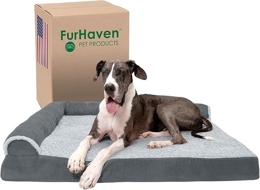 Furhaven Orthopedic Dog Bed for Large Dogs w/ Removable Bolsters & Washable Cover, For Dogs Up to 125 lbs - Two-Tone Plush Faux Fur & Suede L Shaped Chaise - Stone Gray, Jumbo Plus/XXL - PAWPICO
