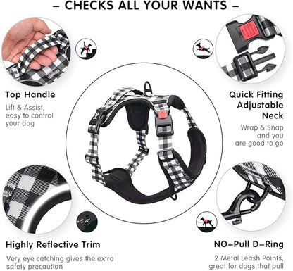 PoyPet No Pull Dog Harness, [Neck Release] Reflective Adjustable No Choke Pet Vest with Front & Back 2 Leash Attachments, Soft Control Training Handle for Small Dogs(Grid,S) PoyPet