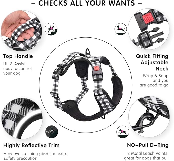 PoyPet No Pull Dog Harness, [Neck Release] Reflective Adjustable No Choke Pet Vest with Front & Back 2 Leash Attachments, Soft Control Training Handle for Small Dogs(Grid,XL) PoyPet