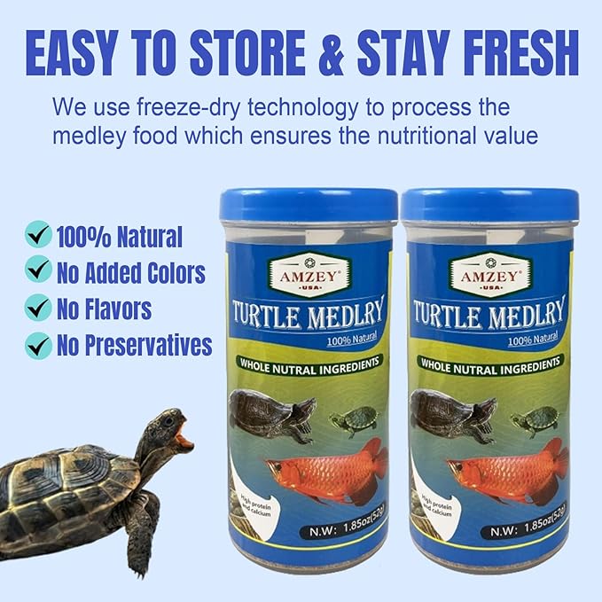 Amzey 2 Pack Aquatic Turtle Food, Vitamin, Enriched Medley Treats of Freeze, Dried Mealworms, River Shrimp & River Fishes, High Protein Turtle Medley Food for Aquatic Tortoise, 3.7 Ounce Total Amzey