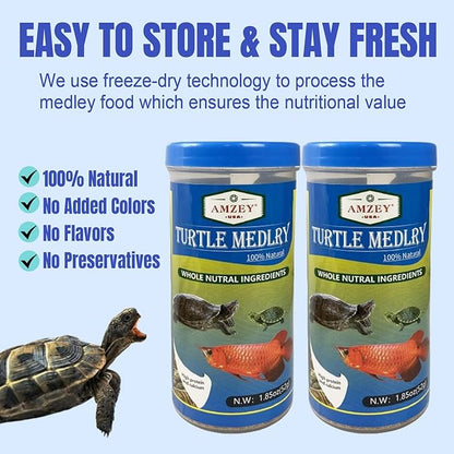 Amzey 2 Pack Aquatic Turtle Food, Vitamin, Enriched Medley Treats of Freeze, Dried Mealworms, River Shrimp & River Fishes, High Protein Turtle Medley Food for Aquatic Tortoise, 3.7 Ounce Total Amzey