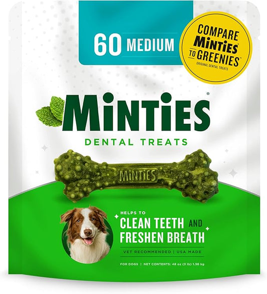 Minties Dental Chews for Dogs, 60 Count, Vet-Recommended Mint-Flavored Dental Treats for Medium Dogs 25-50 lbs, Dental Bones Clean Teeth, Fight Bad Breath, and Removes Plaque and Tartar Minties