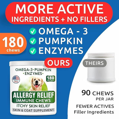 BARK&SPARK Dog Allergy Relief Chews (180 Immune Treats) - Anti-Itch Skin & Coat Supplement - Omega 3 Fish Oil - Itchy Skin Relief Treatment Pills - Itching&Paw Licking - Dry Skin & Hot Spots BARKSPARK