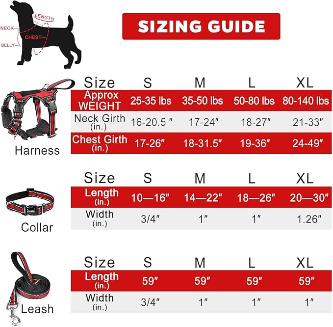 WINSEE Pet Harness Collar and Leash Set, All-in-one Reflective Dog Harness No Pull with Adjustable Buckles for Puppies, Small, Medium, Large, and Extra-Large Dogs (X-Large, Red) WINSEE