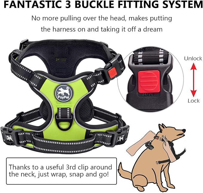 PoyPet No Pull Dog Harness, No Choke Front Clip Dog Reflective Harness, Adjustable Soft Padded Pet Vest with Easy Control Handle for Small to Large Dogs(Green,M) PoyPet