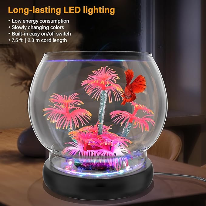 hygger 0.5 Gallon/1 Gallon Glass Fish Bowl with LED Light and Decor, Small Round Betta Fish Tank Goldfish Bowl, Round Clear Unbreakable Aquarium/Vase/Hydroponic Plant Terrarium, Nice Centerpieces hygger