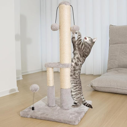 Dimaka Tall Cat Scratching Post, Double Lower Posts Extra Stable Cat Post Tree Scratcher with Sisal Rope and Teasing Balls, 4 Balls Total Large Base (Grey 26" - PAWPICO