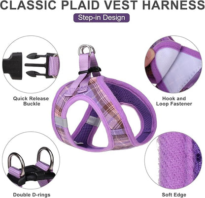 EXPAWLORER Dog Harness and Leash Set - Classic Plaid Step in Dog Harness with Adjustable Dog Collar, Soft Dog Vest Harness No Pull, Reflective Escapeproof for Training Outdoor Walking, Purple L EXPAWLORER