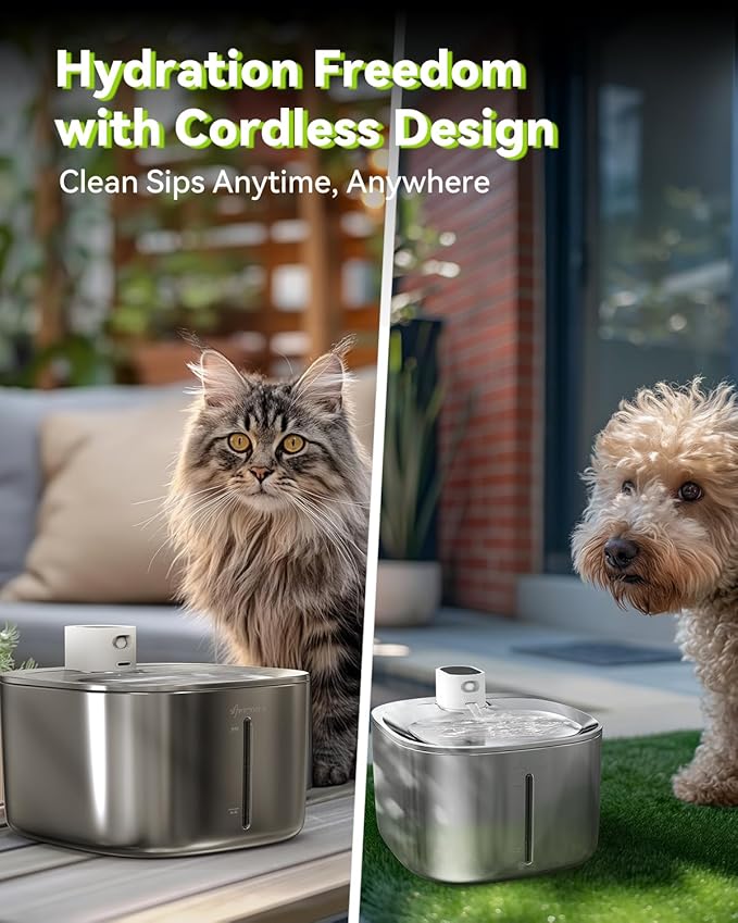 Wireless Cat Water Fountain, 135 fl oz/4L Battery Operated Cat Fountain Stainless Steel with Water Level Window, 3 Work Modes, Cordless Pet Water Fountain for Cats, Dogs, Pets, Inside - PAWPICO