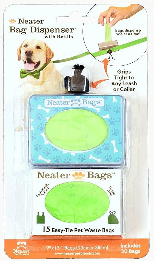 Neater Pets Neater Bags - Dog Waste Poop Bags - Dispense One at a Time Like Tissues - No Rolls to Fuss With - Easy-Tie Handles - Dispenser Attaches to any Leash (210 Bags, Blue Bone & Paw Print) - PAWPICO