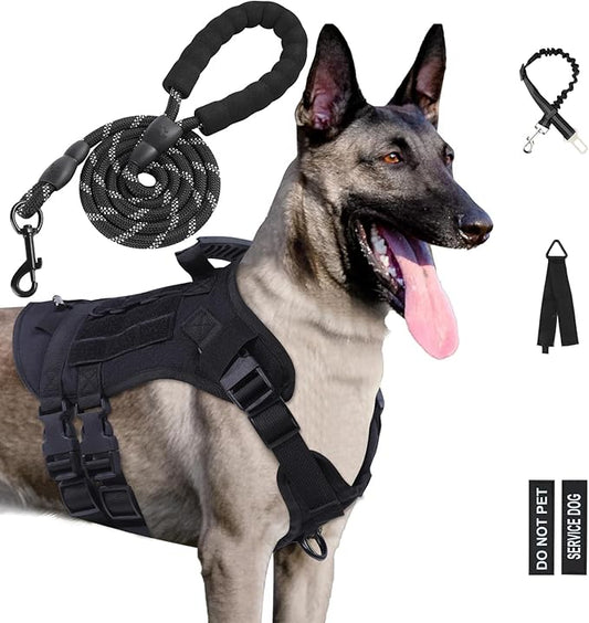 No Pull Tactical Dog Harness for Medium Dogs, Escape Proof Molle Dog Vest Harness and Leash Set, Adjustable Military Service Dog Harness with Handle for Medium Large Dogs(Black，Medium) - PAWPICO
