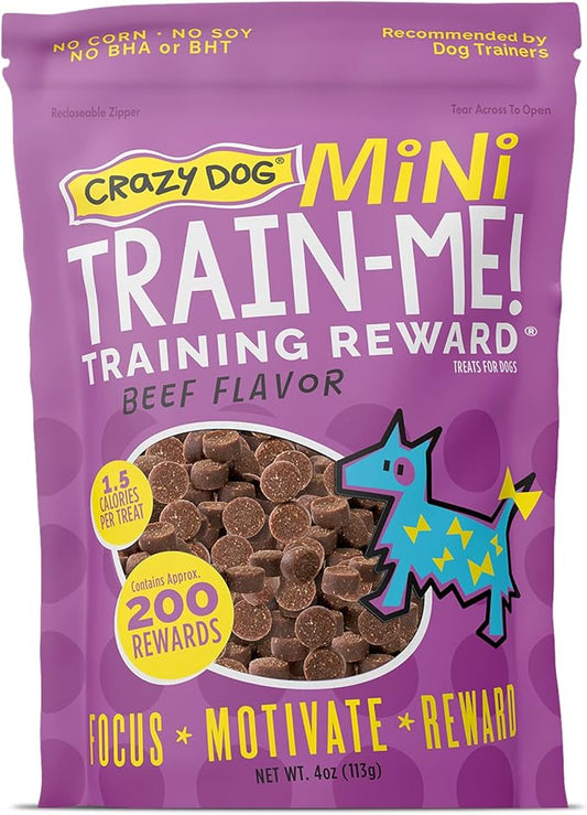 Crazy Dog Mini Train-Me! Training Treats 4 oz. Pouch, Beef Flavor, with 200 Treats per Bag, Recommended by Dog Trainers - PAWPICO