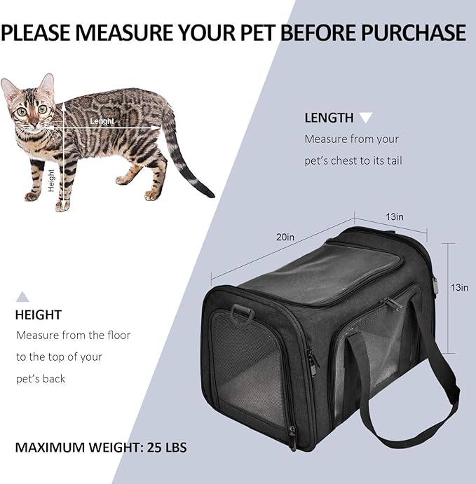 Henkelion Large Soft Sided Cat and Pet Carrier for Cats and Puppies up to 25Lbs - Collapsible, Waterproof Travel Carrier - Black - PAWPICO